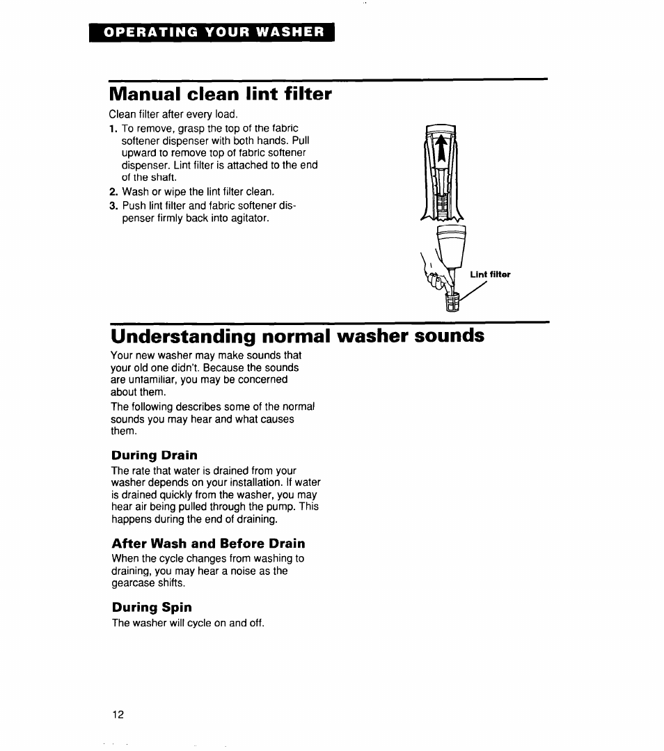 Manual clean lint filter, Understanding normal washer sounds, During drain | After wash and before drain, During spin | Whirlpool CCW5264EW0 User Manual | Page 12 / 26