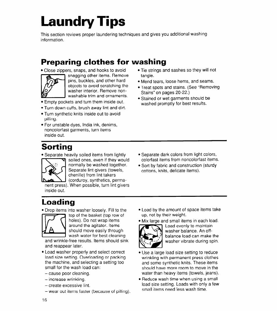 Laundry tips, Preparing clothes for washing, Sorting | Loading | Whirlpool CCW5264EW0 User Manual | Page 16 / 26