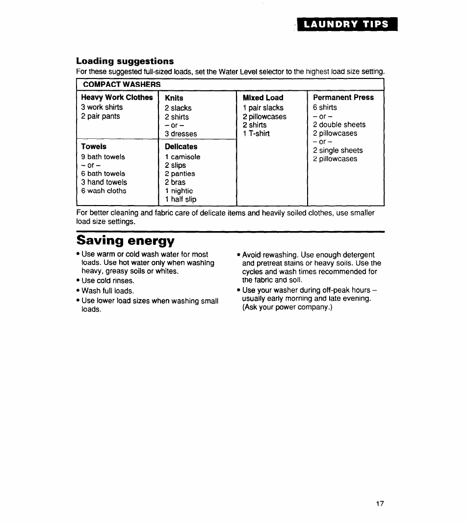 Loading suggestions, Saving energy | Whirlpool CCW5264EW0 User Manual | Page 17 / 26