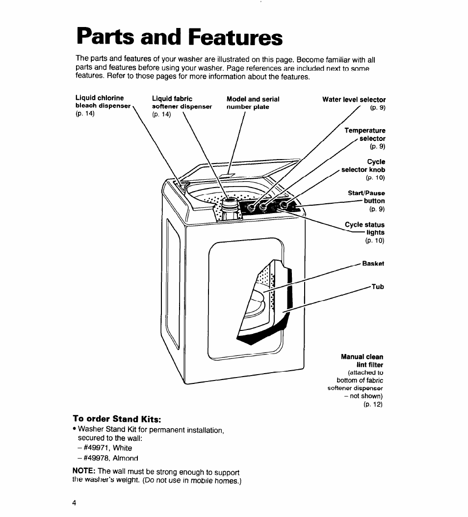 Parts and features, To order stand kits | Whirlpool CCW5264EW0 User Manual | Page 4 / 26