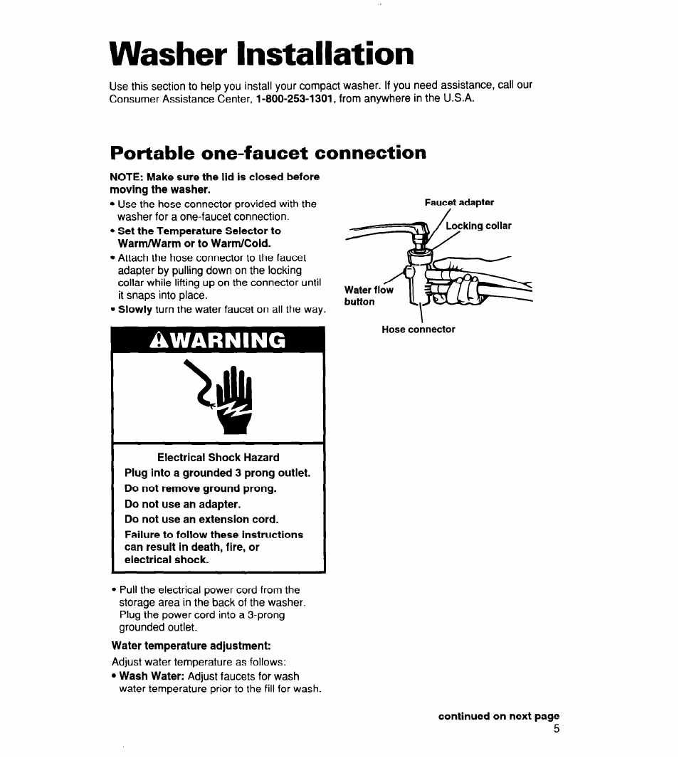 Washer installation, Portable one-faucet connection, Warning | Whirlpool CCW5264EW0 User Manual | Page 5 / 26