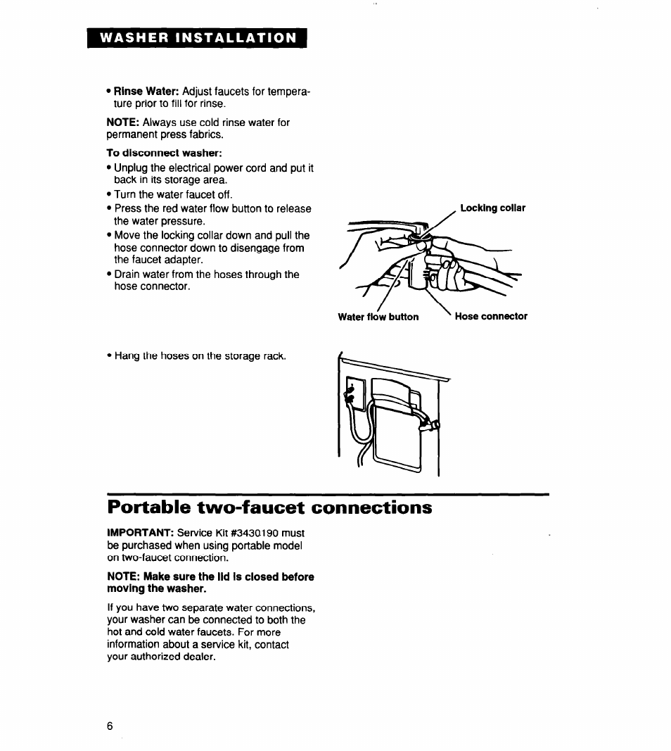 To disconnect washer, Portable two-faucet connections | Whirlpool CCW5264EW0 User Manual | Page 6 / 26
