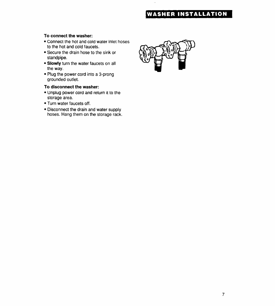 To connect the washer, To disconnect the washer | Whirlpool CCW5264EW0 User Manual | Page 7 / 26