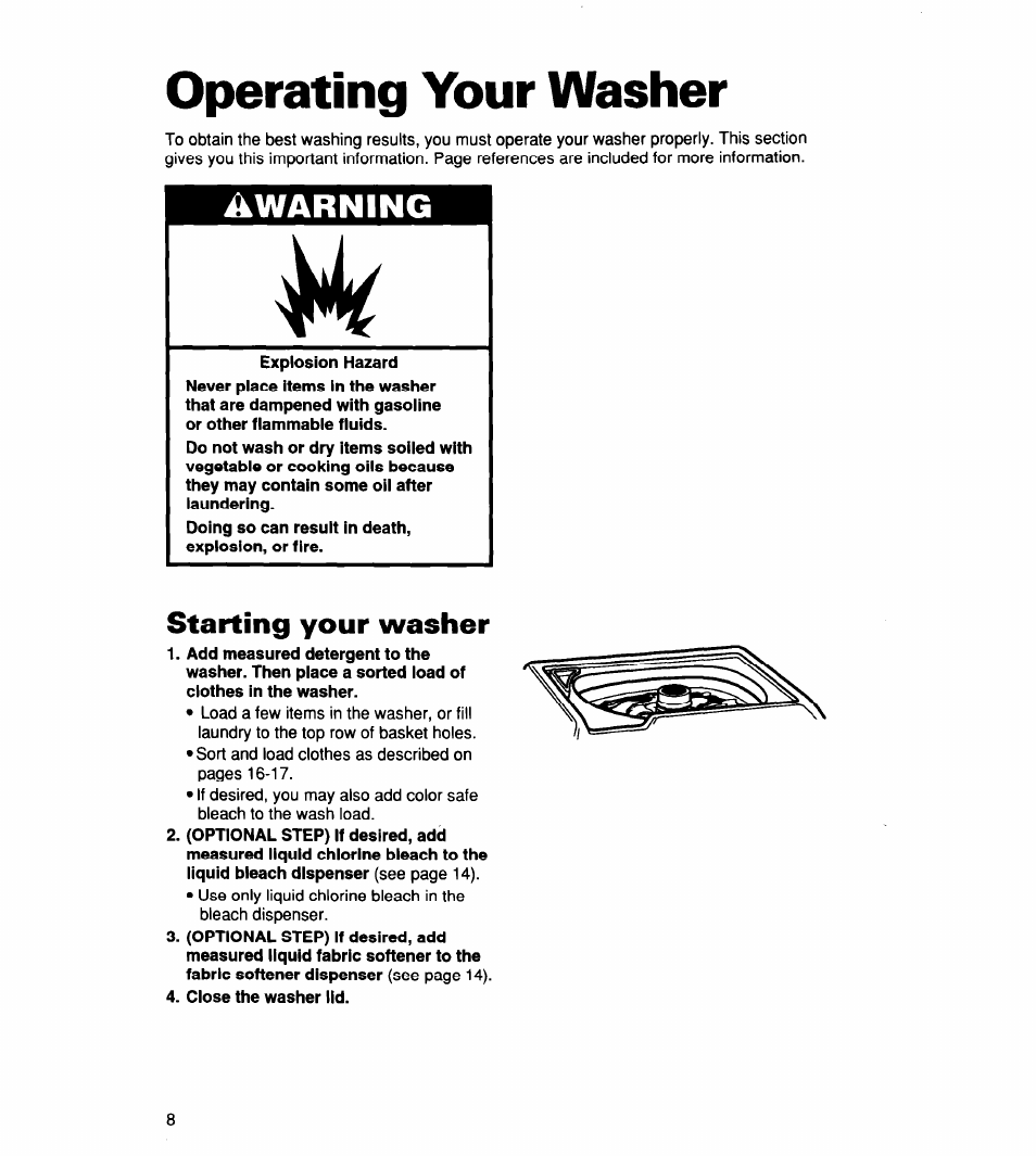 Operating your washer, Starting your washer, Caring for your washer | Awarning | Whirlpool CCW5264EW0 User Manual | Page 8 / 26