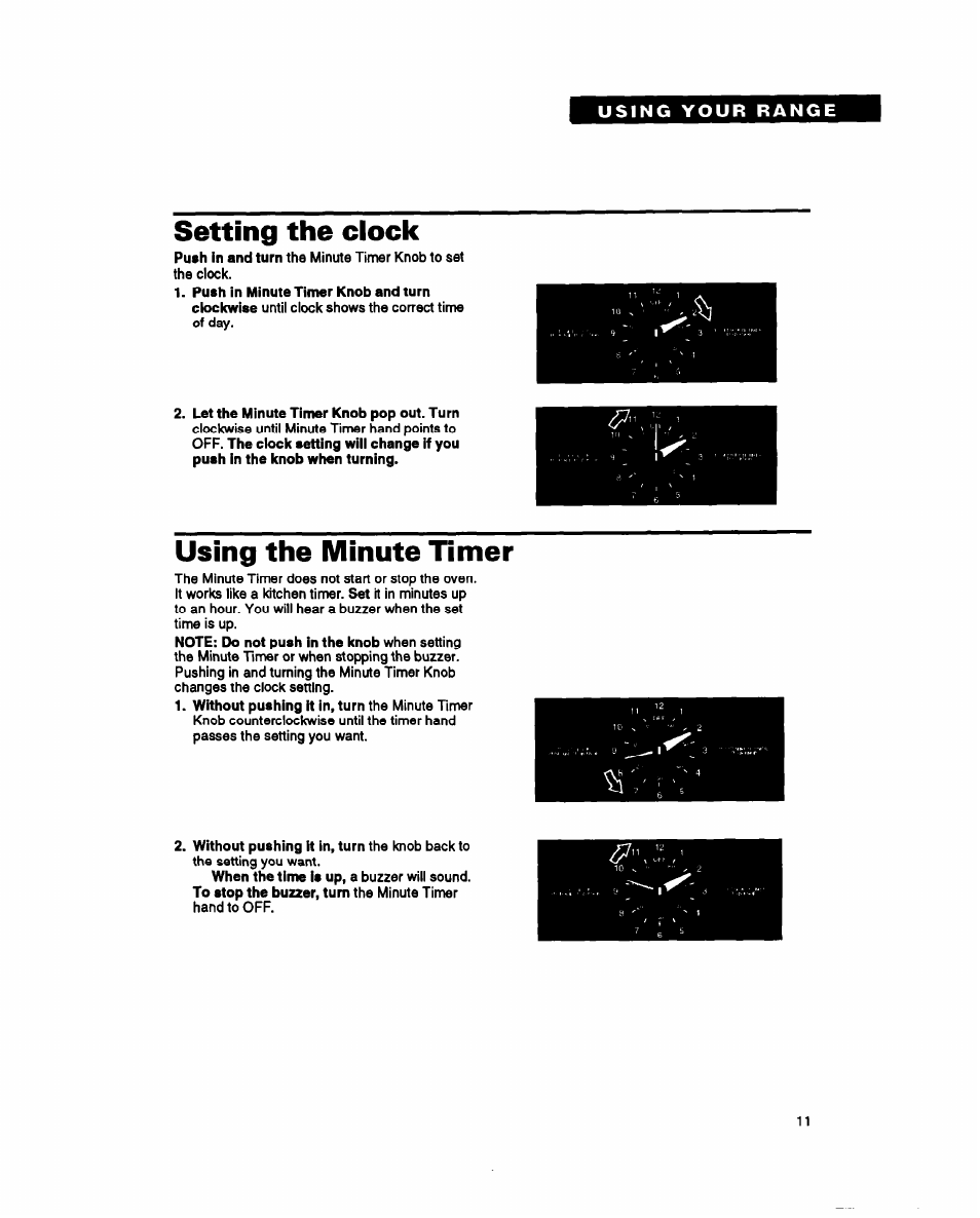 Setting the clock, Using the minute timer | Whirlpool SF317PEY User Manual | Page 11 / 28