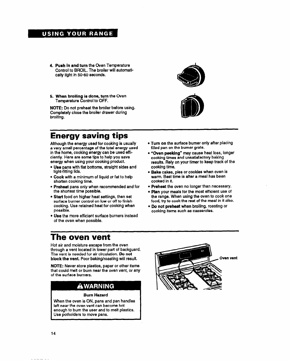 Energy saving tips, The oven vent, Warning | Whirlpool SF317PEY User Manual | Page 14 / 28