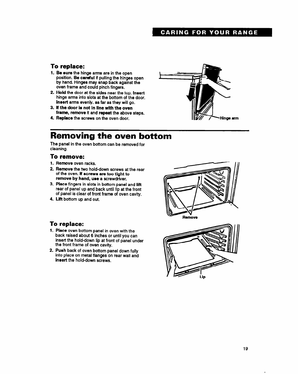 To replace, Removing the oven bottom, To remove | Whirlpool SF317PEY User Manual | Page 19 / 28