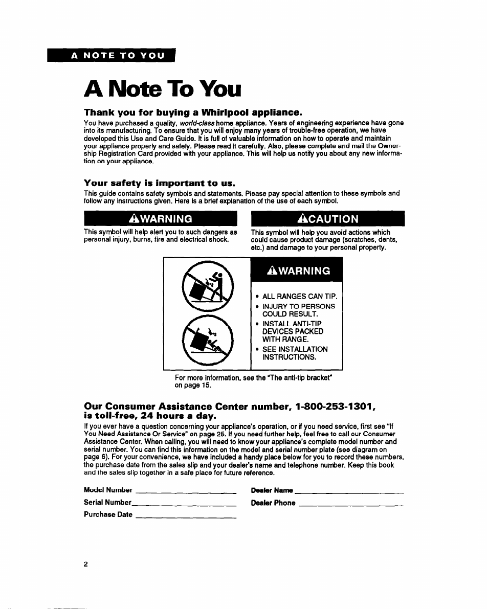 A note to you, Thank you for buying a whirlpool appliance, Your safety is important to us | Awarning | Whirlpool SF317PEY User Manual | Page 2 / 28