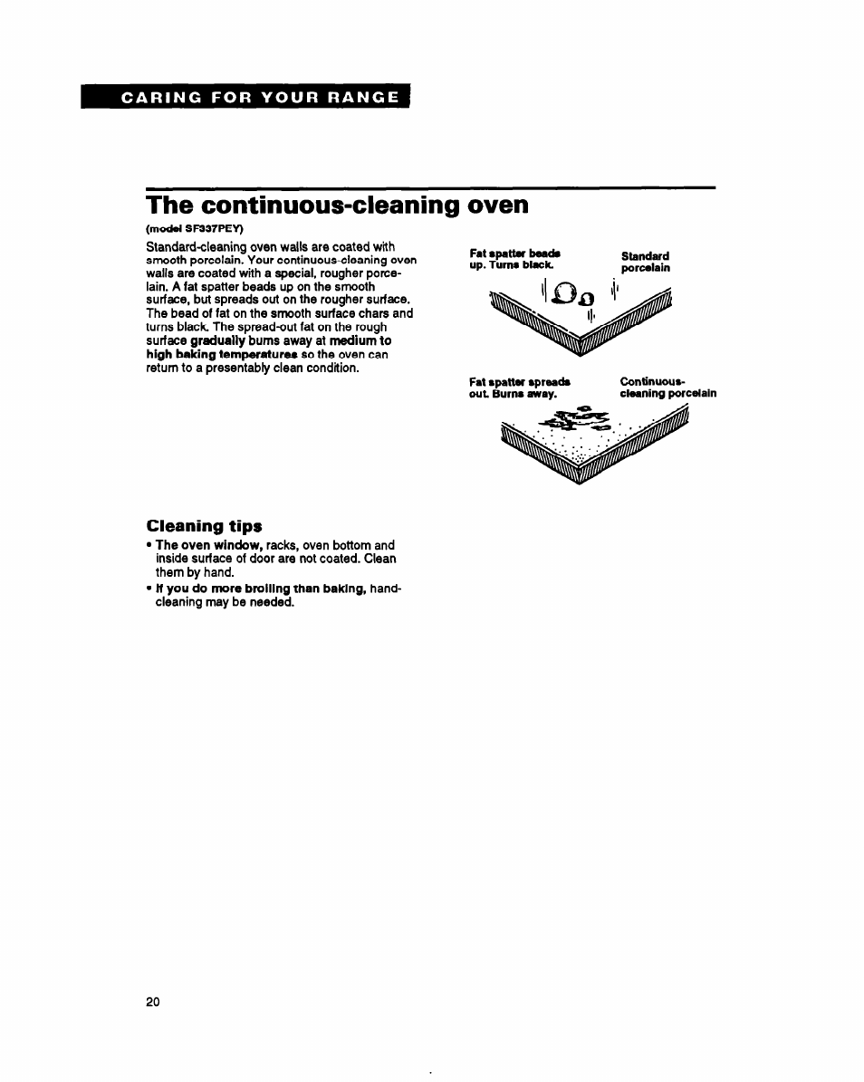 The continuous-cleaning oven, Cleaning tips | Whirlpool SF317PEY User Manual | Page 20 / 28