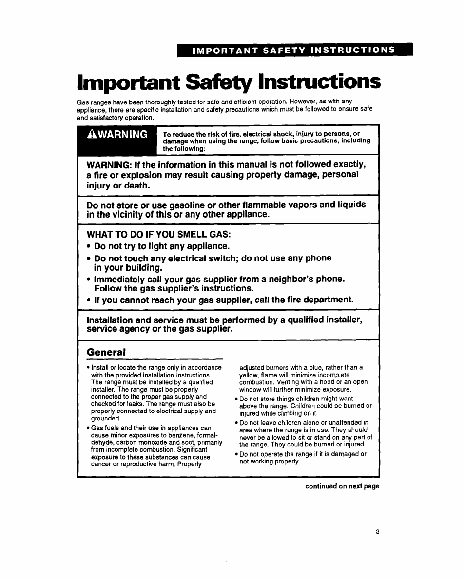 Important safety instructions, General, Awarning | Whirlpool SF317PEY User Manual | Page 3 / 28