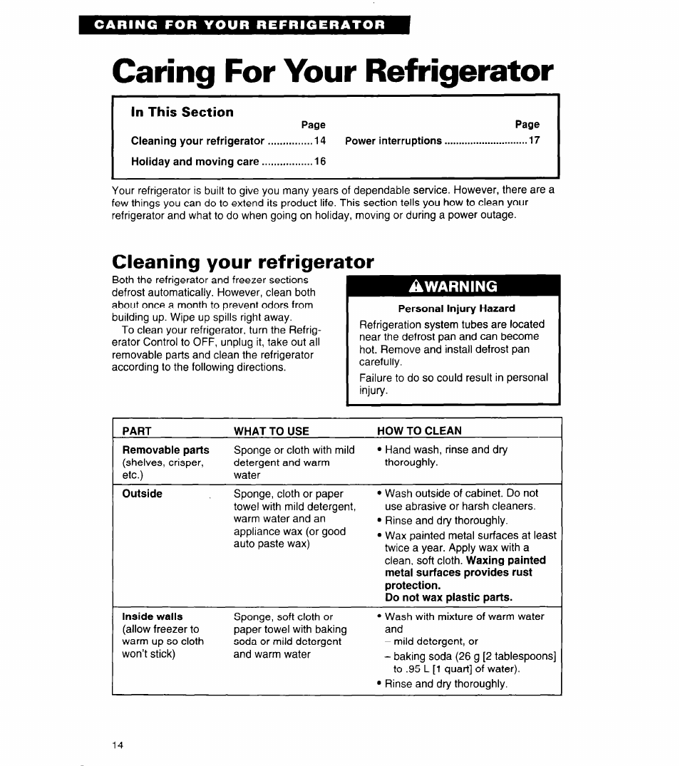Caring for your refrigerator, Cleaning your refrigerator | Whirlpool 4ET20ZK User Manual | Page 14 / 22
