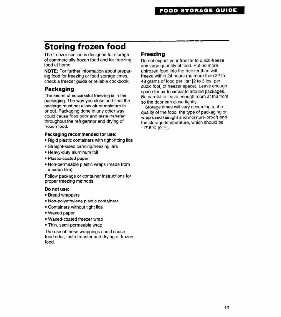 Storing frozen food, Packaging, Do not use | Freezing | Whirlpool 4ET20ZK User Manual | Page 19 / 22