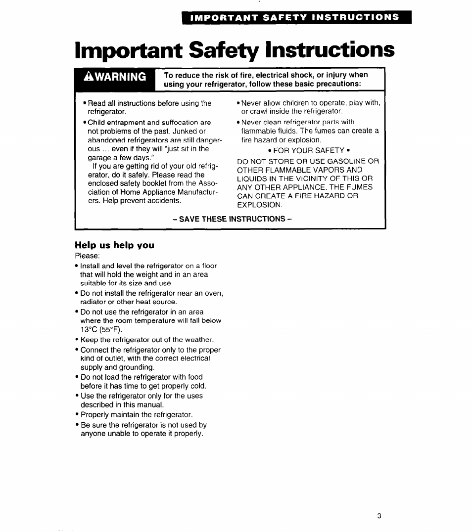 Important safety instructions, Save these instructions, Help us help you | Whirlpool 4ET20ZK User Manual | Page 3 / 22