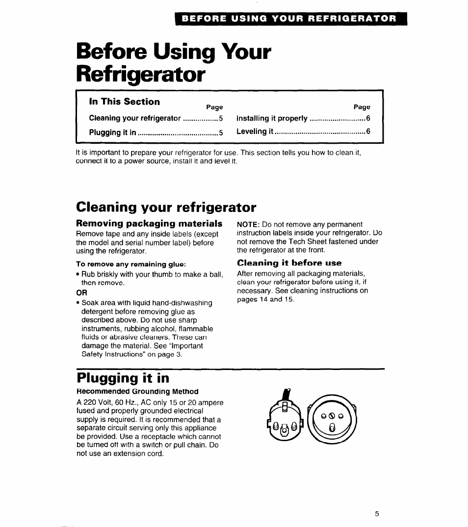 Before using your refrigerator, Cleaning your refrigerator, Plugging it in | Whirlpool 4ET20ZK User Manual | Page 5 / 22