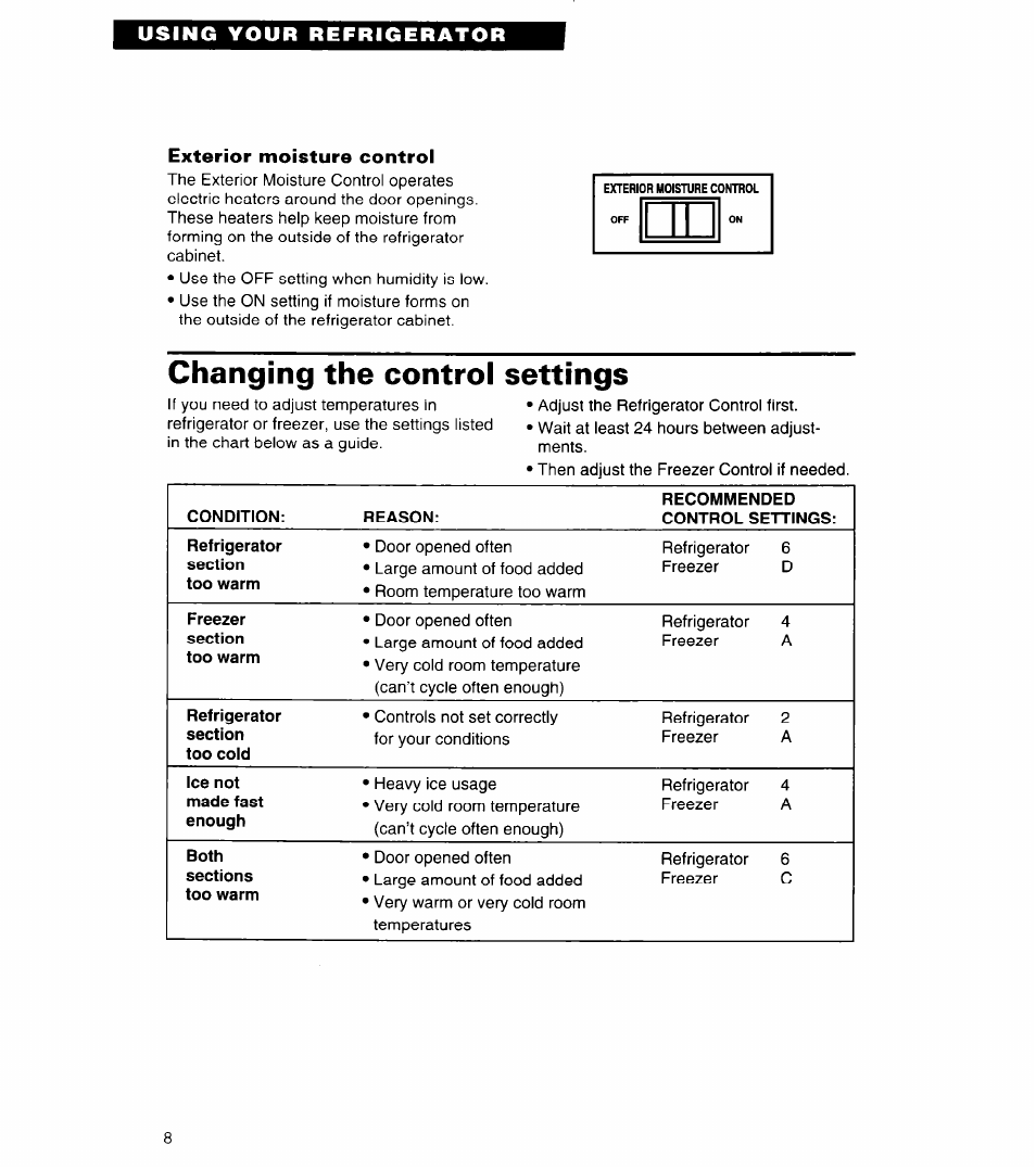 Exterior moisture control, Changing the control settings | Whirlpool 4ET20ZK User Manual | Page 8 / 22