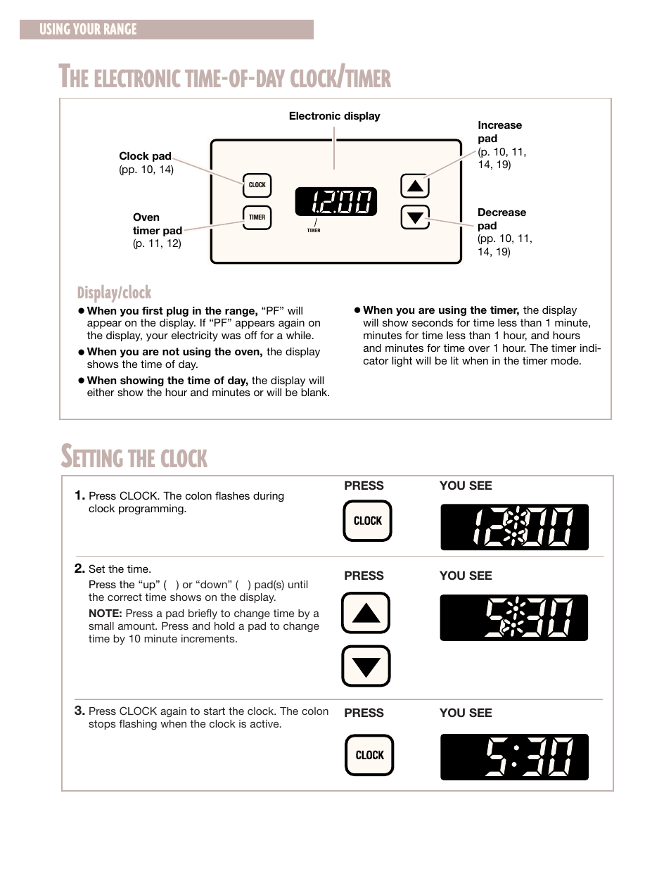 The electronic time-of-day clock/timer, Setting the clock, He electronic time | Day clock, Timer, Etting the clock, Display/clock | Whirlpool CGS365H User Manual | Page 10 / 32
