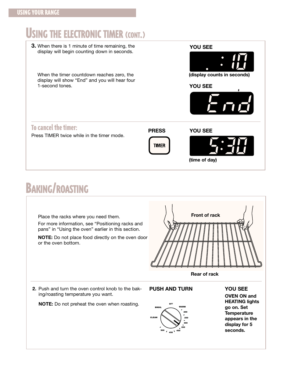 Baking/roasting, Sing the electronic timer, Aking | Roasting, Cont, Using your range | Whirlpool CGS365H User Manual | Page 12 / 32