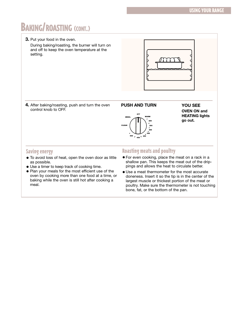 Aking, Roasting, Cont | Roasting meats and poultry, Saving energy, Using your range | Whirlpool CGS365H User Manual | Page 13 / 32