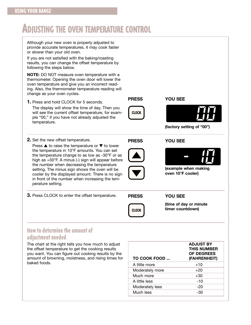 Adjusting the oven temperature control, Djusting the oven temperature control, How to determine the amount of adjustment needed | Using your range | Whirlpool CGS365H User Manual | Page 14 / 32