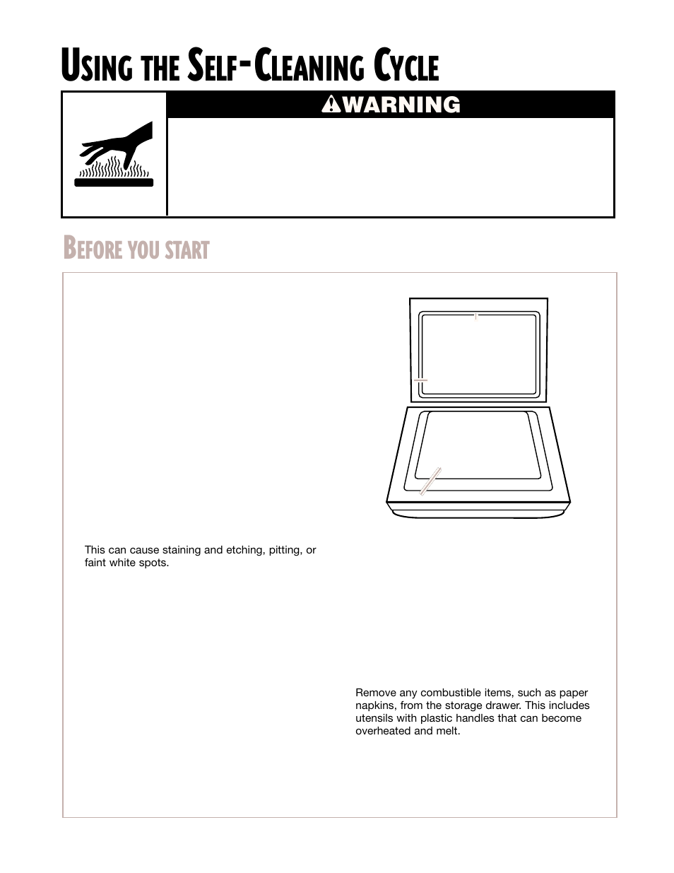 Using the self-cleaning cycle, Before you start, Sing the | Leaning, Ycle, Efore you start, Wwarning | Whirlpool CGS365H User Manual | Page 18 / 32