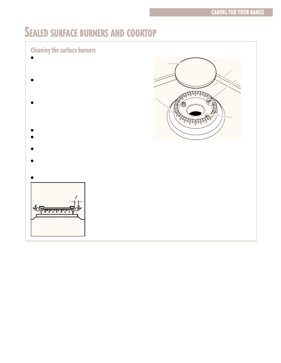 Sealed surface burners and cooktop, Ealed surface burners and cooktop, Cleaning the surface burners | Caring for your range | Whirlpool CGS365H User Manual | Page 23 / 32