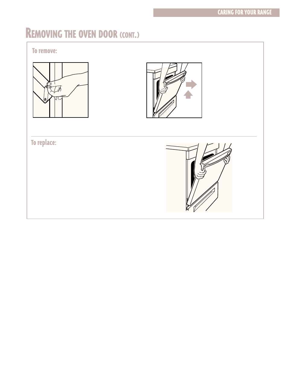 Emoving the oven door, Cont | Whirlpool CGS365H User Manual | Page 25 / 32