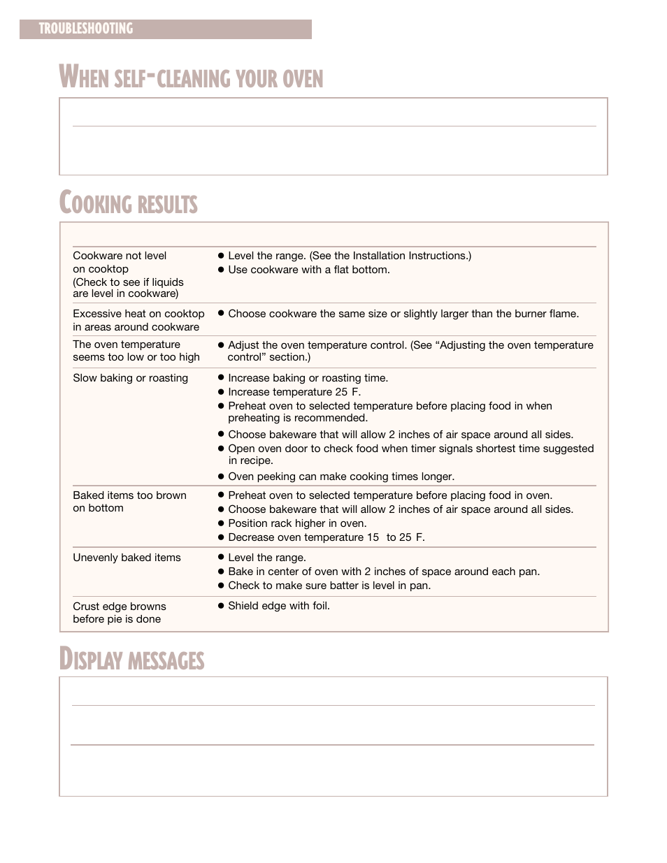 Hen self, Cleaning your oven, Ooking results | Isplay messages, Troubleshooting | Whirlpool CGS365H User Manual | Page 28 / 32