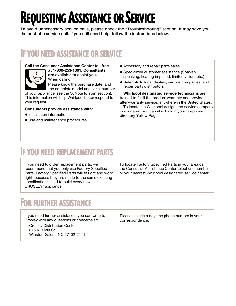 Requesting assistance or service, Equesting, Ssistance | Ervice, Need, Assistance, Service, Replacement, Parts, Further | Whirlpool CGS365H User Manual | Page 29 / 32