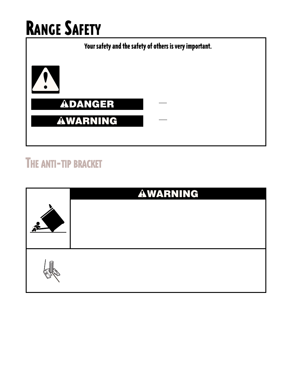 Range safety, Ange, Afety | He anti, Tip bracket, Wdanger w warning, Wwarning | Whirlpool CGS365H User Manual | Page 3 / 32