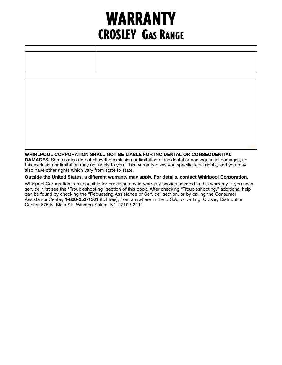 Warranty, Crosley, Ange | Whirlpool CGS365H User Manual | Page 32 / 32
