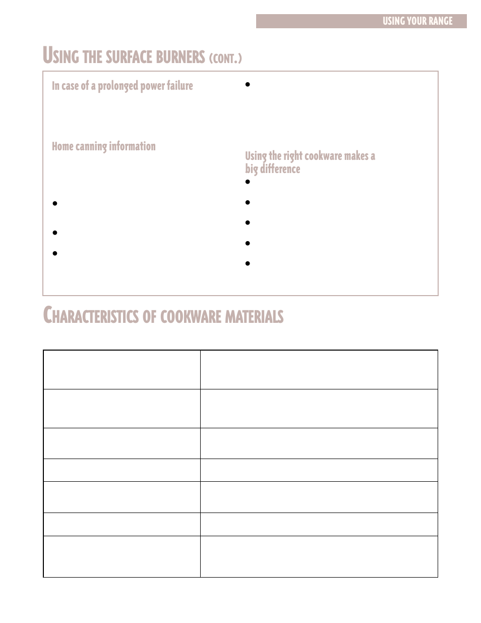 Characteristics of cookware materials, Sing the surface burners, Haracteristics of cookware materials | Cont, Home canning information, Using the right cookware makes a big difference, Using your range | Whirlpool CGS365H User Manual | Page 7 / 32