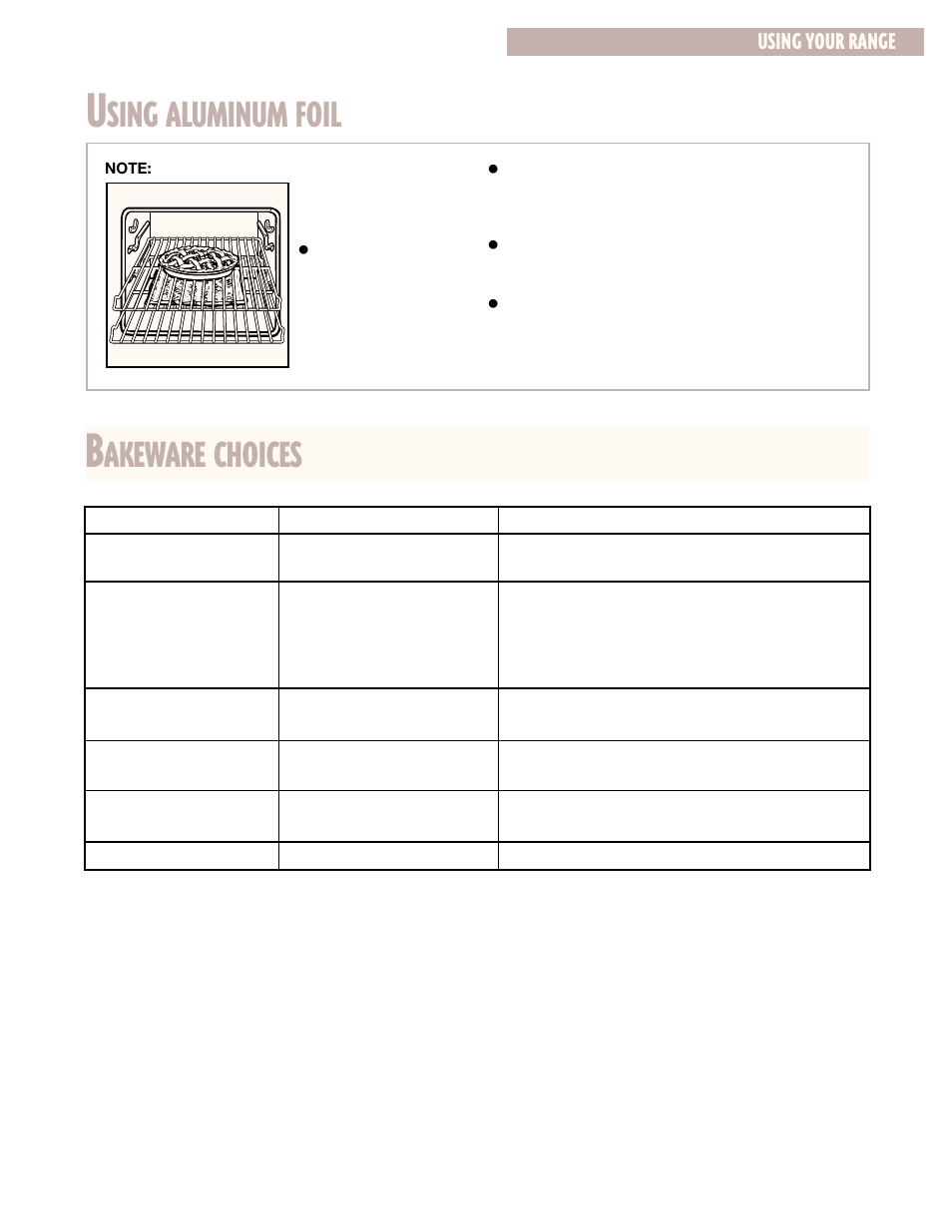 Using aluminum foil, Bakeware choices, Sing aluminum foil | Akeware choices, Using your range | Whirlpool CGS365H User Manual | Page 9 / 32