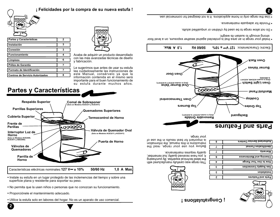 Partes y características, Parts and features, Felicidades por la compra de su nueva estufa | Whirlpool ACE3200 User Manual | Page 10 / 15