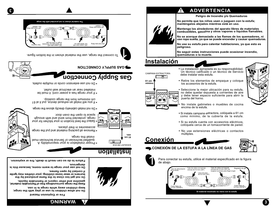 Instalación conexión, Installation gas supply connection, Warning | Advertencia | Whirlpool ACE3200 User Manual | Page 11 / 15