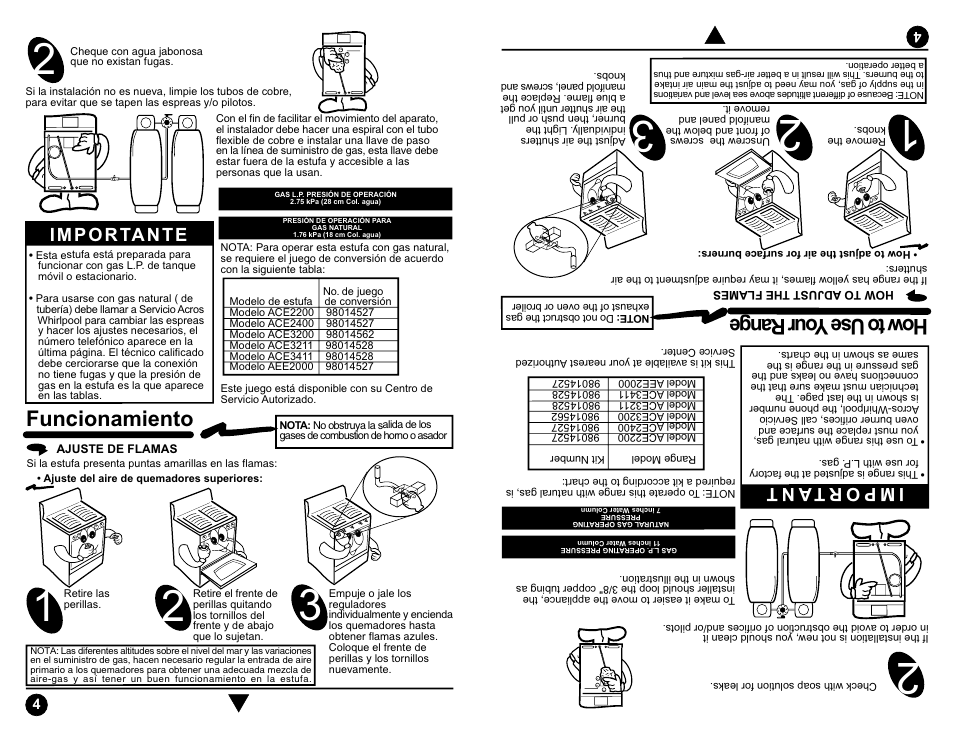 How to use your range, Funcionamiento, Importante | Im po rt an t | Whirlpool ACE3200 User Manual | Page 12 / 15