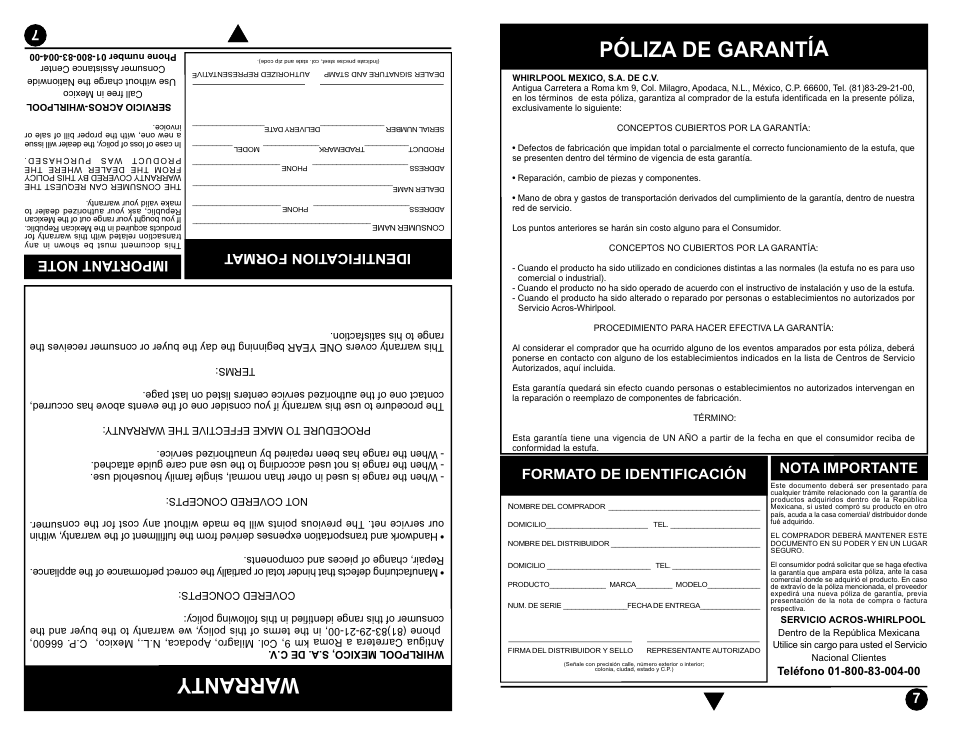 Póliza de garantía, Warranty, Formato de identificación | Nota importante, Identification forma t | Whirlpool ACE3200 User Manual | Page 15 / 15