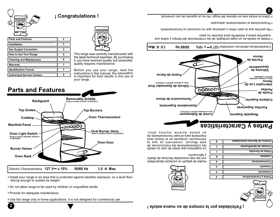 Partes y características, Parts and features, Felicidades por la compra de su nueva estufa | Whirlpool ACE3200 User Manual | Page 2 / 15