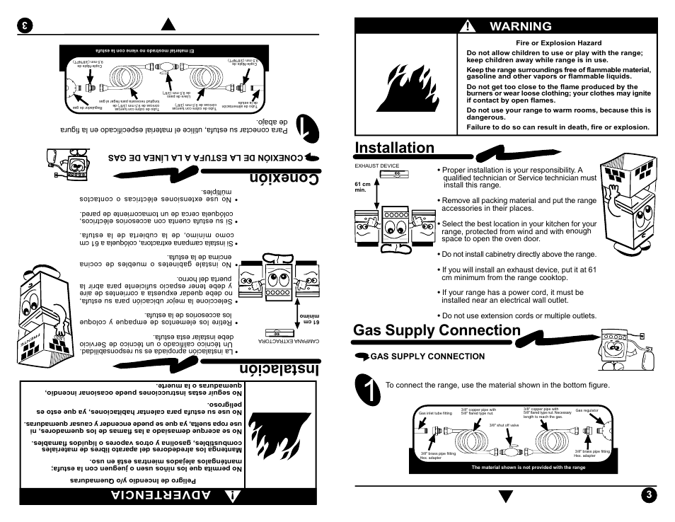 Instalación conexión, Installation gas supply connection, Warning | Advertencia | Whirlpool ACE3200 User Manual | Page 3 / 15