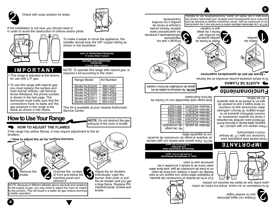 How to use your range, Funcionamiento, Importante | Whirlpool ACE3200 User Manual | Page 4 / 15