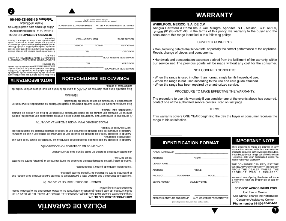 Póliza de garantía, Warranty, Formato de identificación | Nota importante, Identification format | Whirlpool ACE3200 User Manual | Page 7 / 15