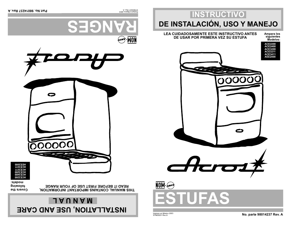 Estufas, Ranges, Instructivo | De instalación, uso y manejo | Whirlpool ACE3200 User Manual | Page 9 / 15