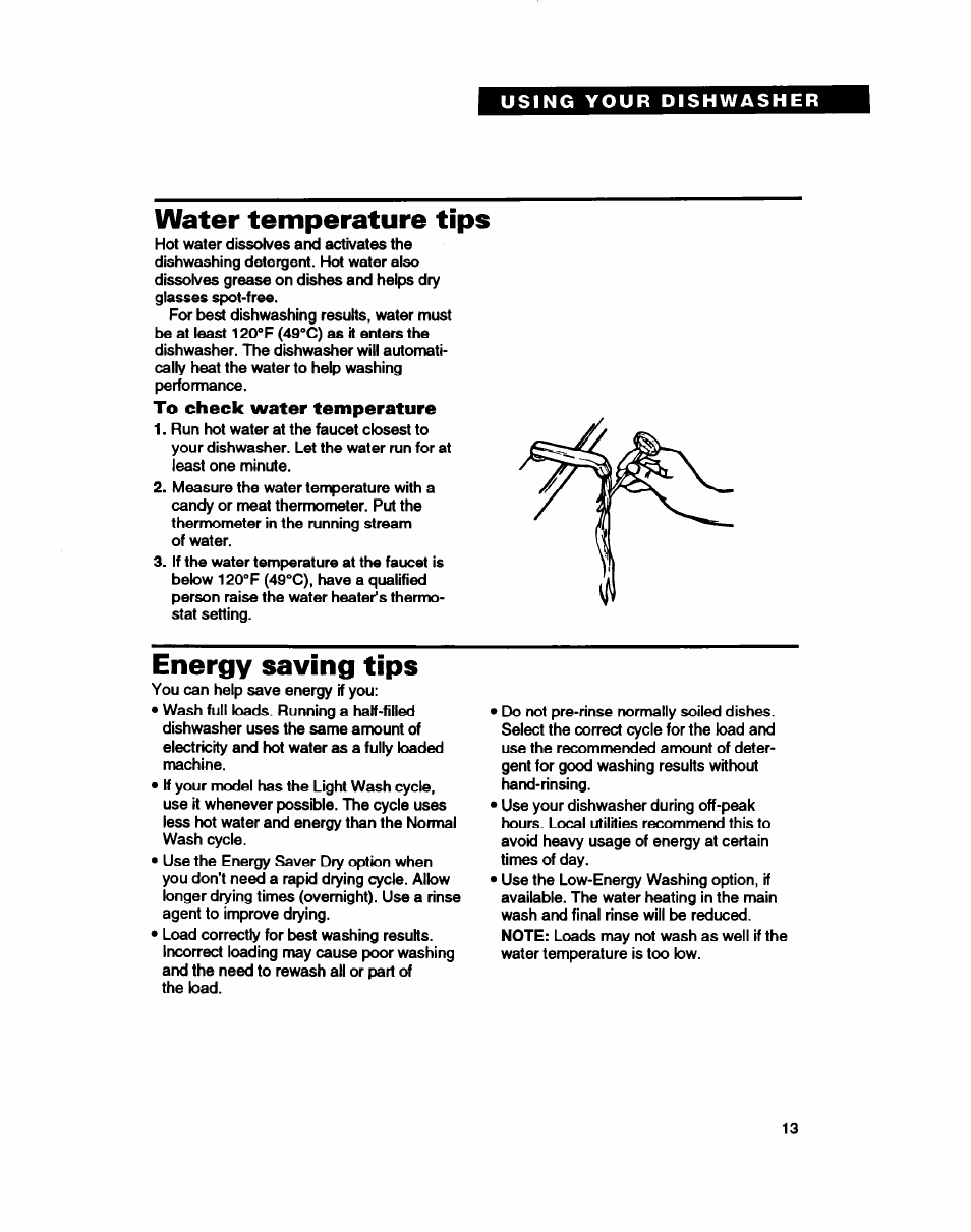 Water temperature tips, Energy saving tips | Whirlpool WU5750 User Manual | Page 13 / 24
