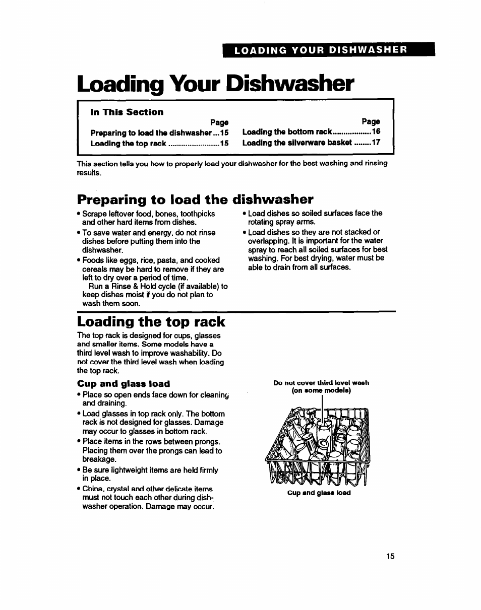 Loading your dishwasher, Preparing to load the dishwasher, Loading the top rack | Cup and glass load | Whirlpool WU5750 User Manual | Page 15 / 24