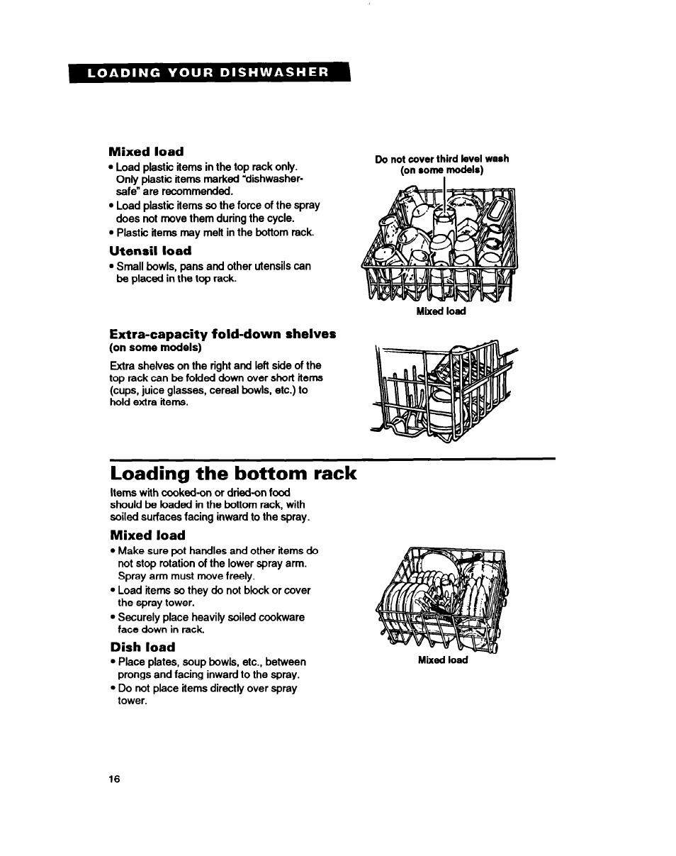 Loading the bottom rack, Mixed load, Utensil load | Extra-capacity fold-down shelves, Dish load | Whirlpool WU5750 User Manual | Page 16 / 24