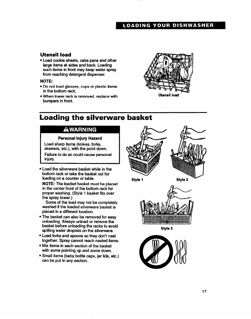 Utensil load, Loading the silverware basket, A warning | Whirlpool WU5750 User Manual | Page 17 / 24
