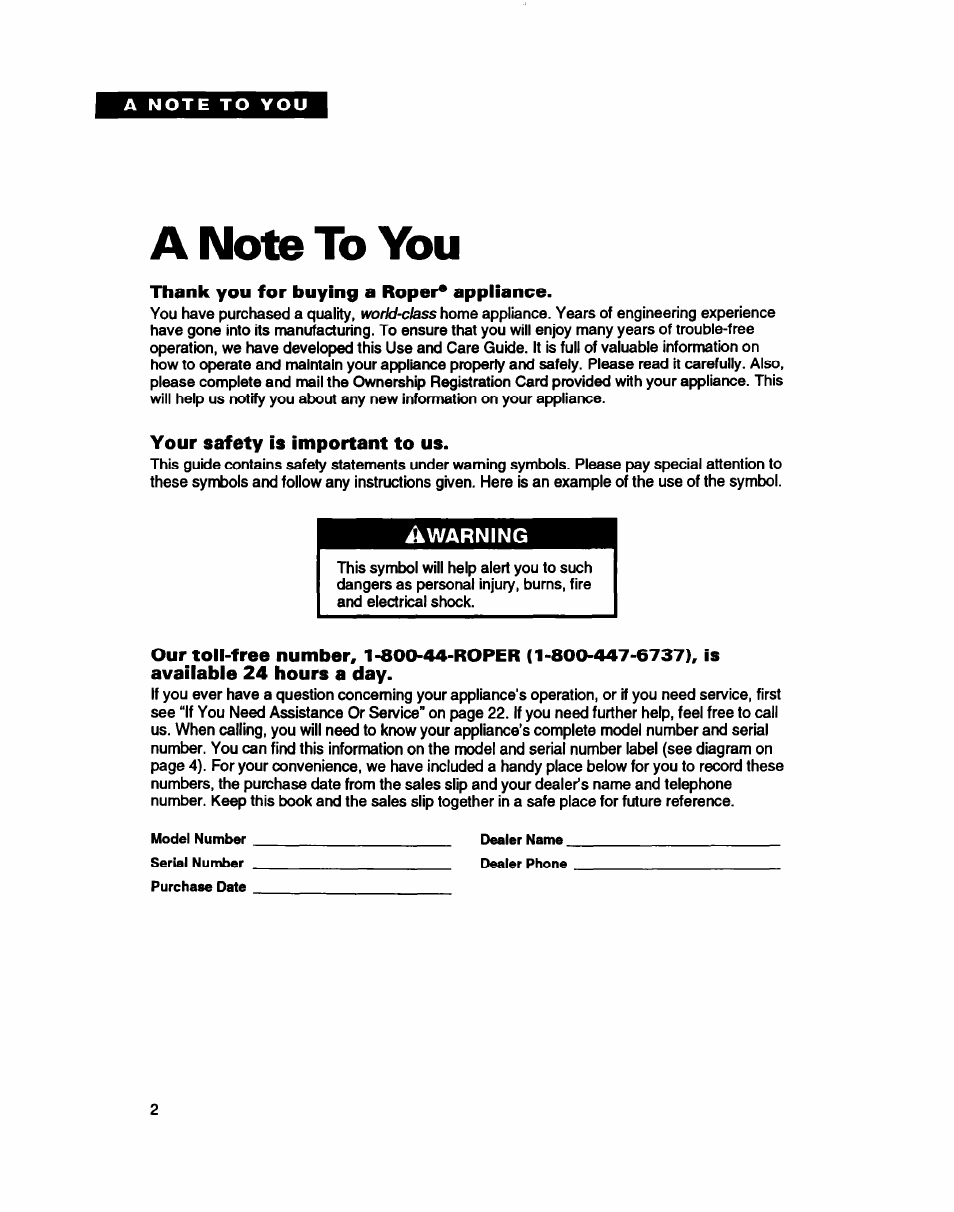 A note to you, Thank you for buying a roper* appliance, Your safety is important to us | Whirlpool WU5750 User Manual | Page 2 / 24