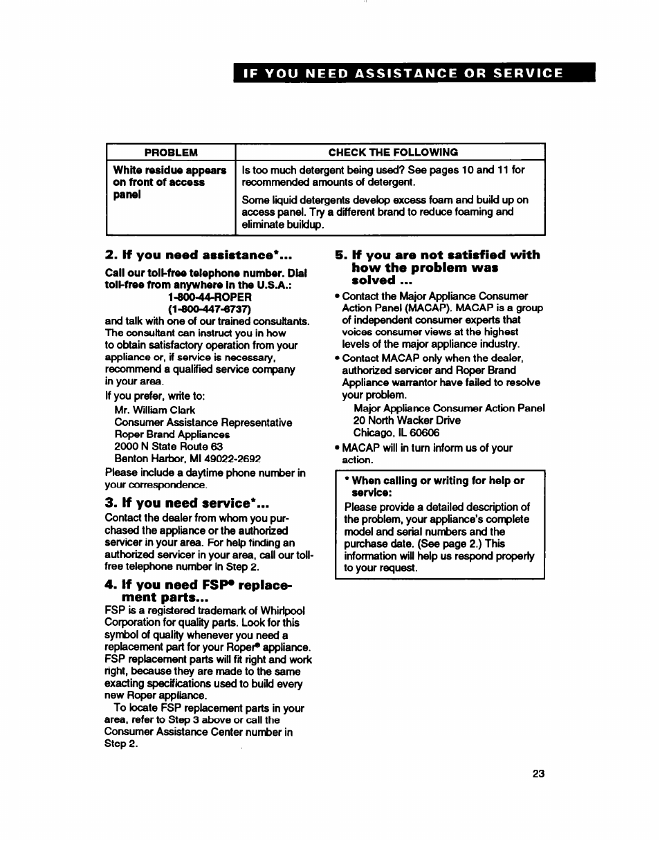 If you need assistance, If you need service, If you need fsp* replacement parts | If you need fsp* replace­ ment parts | Whirlpool WU5750 User Manual | Page 23 / 24