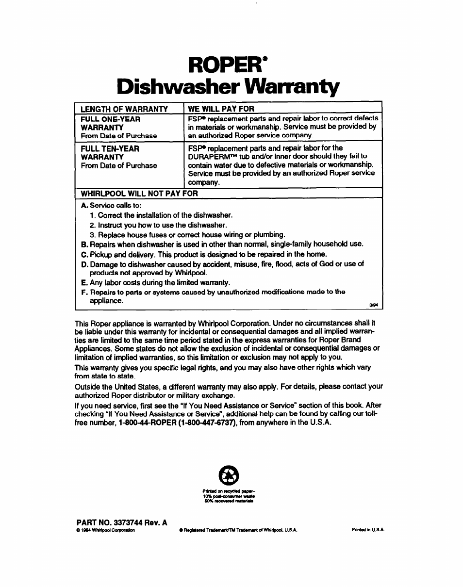 Roper, Dishwasher warranty, Roper* dishwasher warranty | Whirlpool WU5750 User Manual | Page 24 / 24