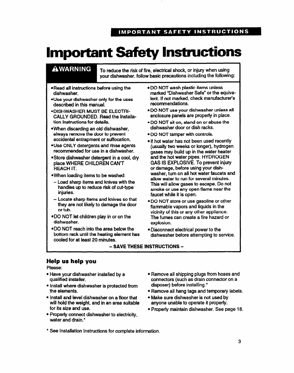 Important safety instructions, Help us help you | Whirlpool WU5750 User Manual | Page 3 / 24