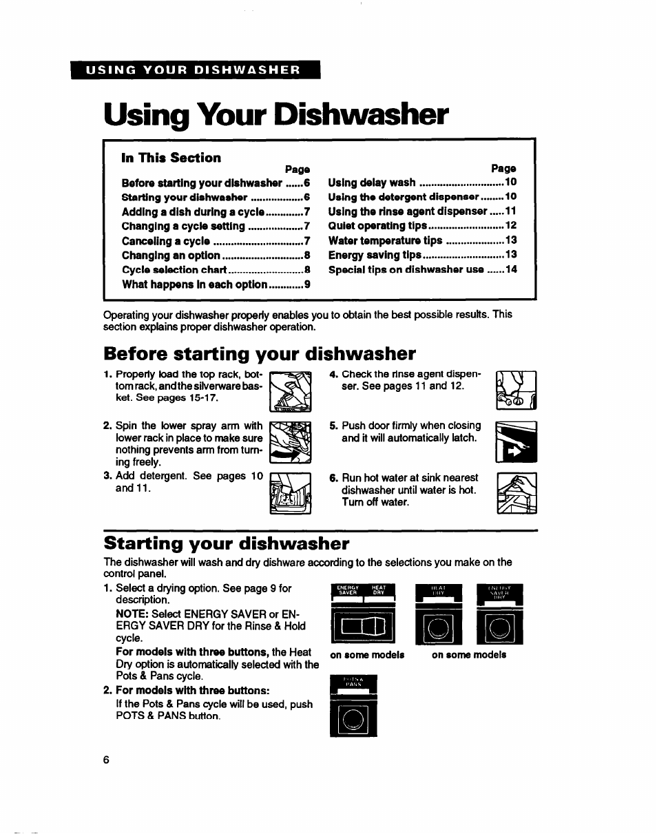 Using your dishwasher, Before starting your dishwasher, Starting your dishwasher | Whirlpool WU5750 User Manual | Page 6 / 24